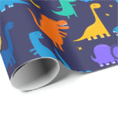 ナイトブルーオレンジグリーンパターンで子供の恐竜 ラッピングペーパー (ロールコーナー)