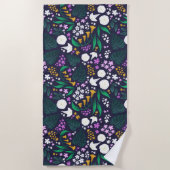 ナイトムーンガーデンフローラ植物模様 ビーチタオル (正面)