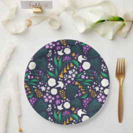 ナイトムーンガーデンフローラ植物模様 ペーパープレート