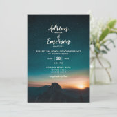 ナイトモダンスカイマウンテンサンライズティール(緑がかった色)結婚ズ 招待状 (スタンド正面)