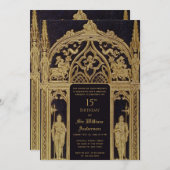 ナイト中世をテーマにした誕生日ブラック金ゴールドゴシック 招待状 (正面/裏面)