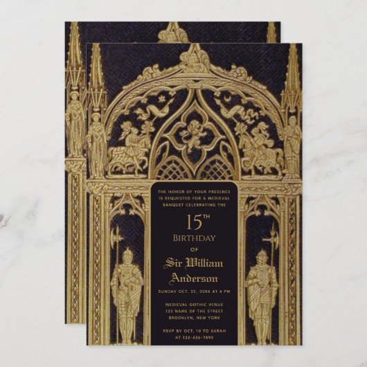 ナイト中世をテーマにした誕生日ブラック金ゴールドゴシック 招待状