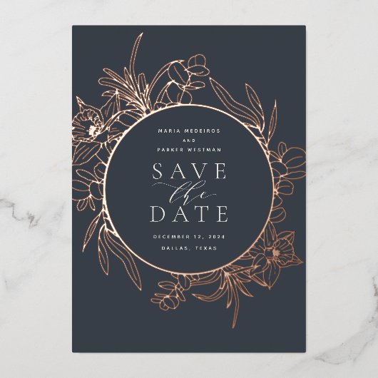 ナイト | フローラフォイル結婚式の日付カードを保存 箔招待状 (正面)