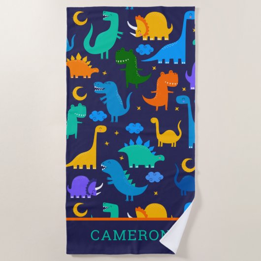 『ナイパーソナライズされたトブルーオレンジの子ども恐竜』 ビーチタオル (正面)