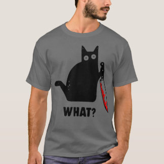 ナイフおもしろいを持った猫WHAT Tシャツ