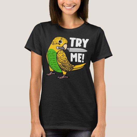 ナイフで私のオウムを試すI黄色のブッギーBudgeriga Tシャツ (正面)