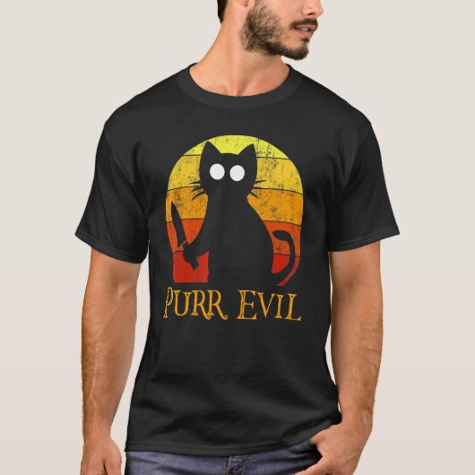 ナイフで邪悪なハロウィーンゴリー猫 Tシャツ (正面)