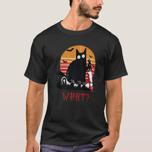 ナイフの猫ティーを持つ黒猫 Tシャツ (正面)
