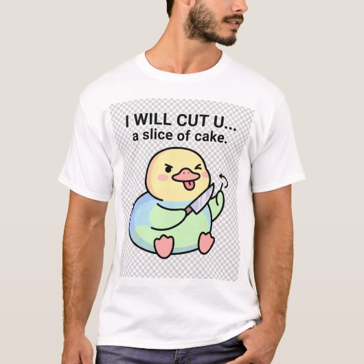 ナイフを持ったアヒルのケーキパロディ Tシャツ (正面)