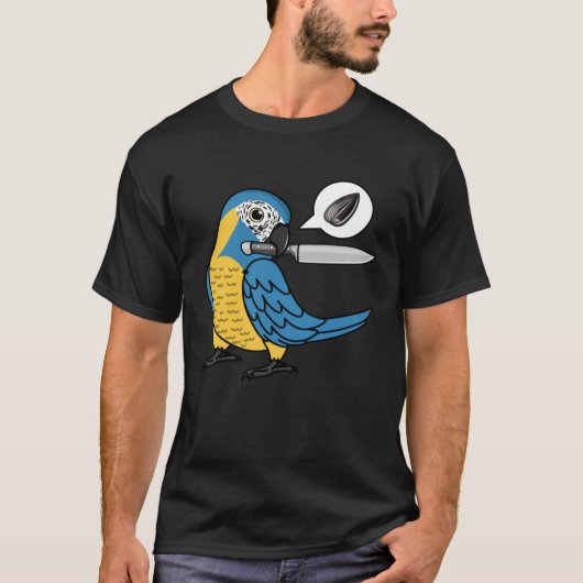 ナイフパロットが種を求める I ルリコンゴウインコ Tシャツ (正面)
