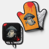 ナイフ不気味血スプラット付きキラーシュルーム幽霊 鍋つかみ&鍋敷きセット (正面/裏面)