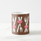 ナイフ及びフォーク-ピンクのハート、ブラウン及び白いマグ コーヒーマグカップ (中央)