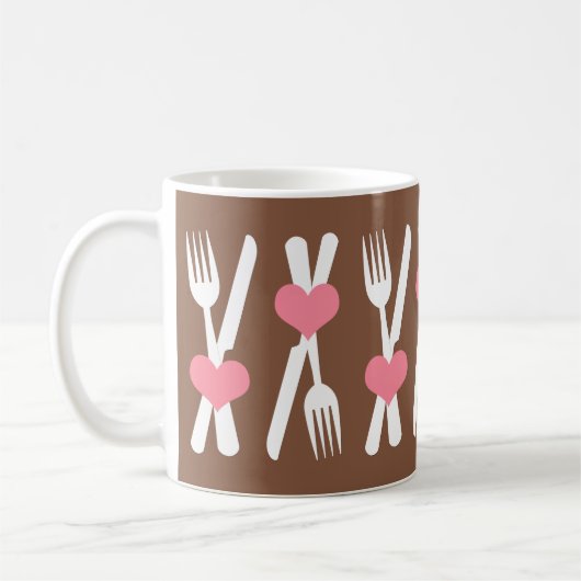 ナイフ及びフォーク-ピンクのハート、ブラウン及び白いマグ コーヒーマグカップ (左)