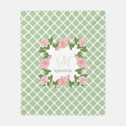 ナイルグリーンクローバーピンクローズモノグラム フリースブランケット (正面)