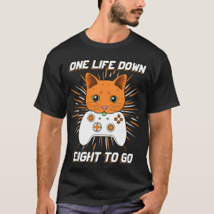 ナインライフゲーマースローガンオレンジホワイト漫画キャット Tシャツ