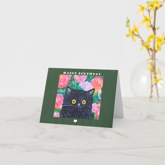 ナイーブフォークアートブラック絵を描キャットの可愛い誕生日 カード (黄色い花)