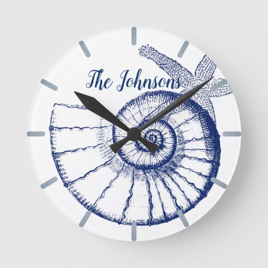 ナウチラスシーシェル&ヒトデ海洋生命カスタム ラウンド壁時計 (正面)