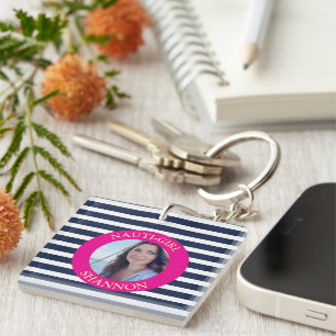 ナウティパーソナライズされたガール海軍ブルーのストライプ写真 キーホルダー