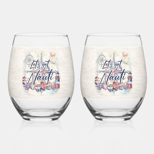 ナウティビーチ沿岸航海のボートテーマ ステムなしワイングラス (正面)