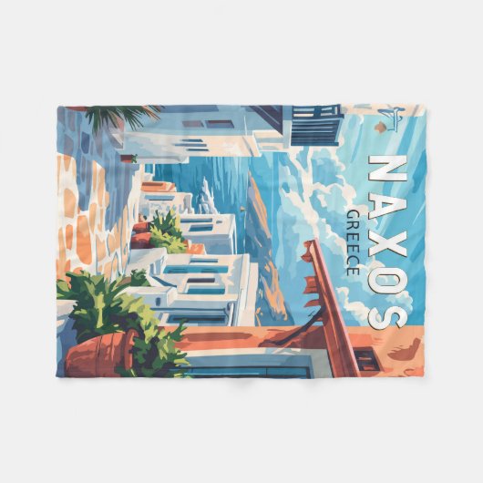 ナクソスギリシャ旅行アートヴィンテージ フリースブランケット (正面(横))