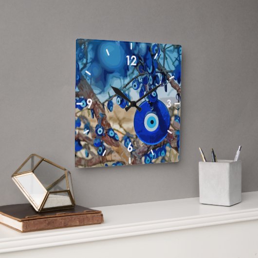 ナザールと木の飾水色 スクエア壁時計 (オフィス)