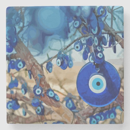 ナザールと木の飾水色 ストーンコースター (正面)