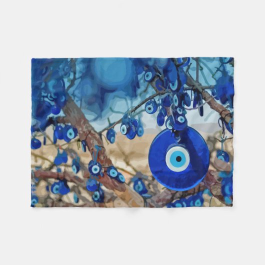 ナザールと木の飾水色 フリースブランケット (正面(横))