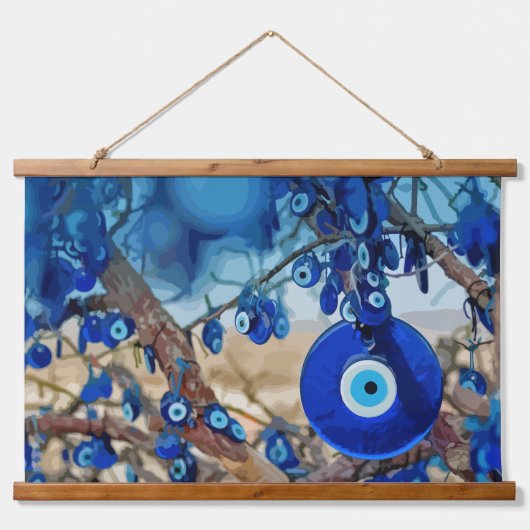 ナザールと木の飾水色 吊り下げ型タペストリー (正面)