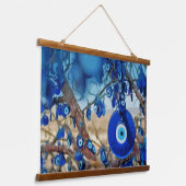 ナザールと木の飾水色 吊り下げ型タペストリー (傾斜あり)