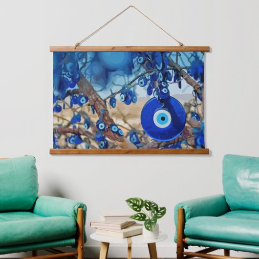 ナザールと木の飾水色 吊り下げ型タペストリー (リビング)