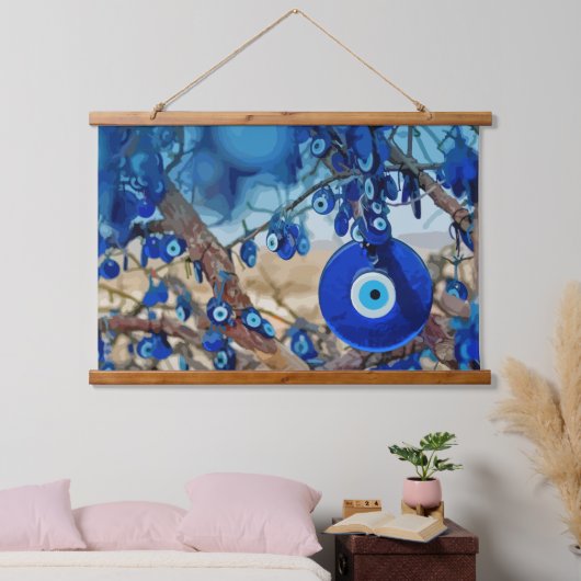 ナザールと木の飾水色 吊り下げ型タペストリー (寝室)