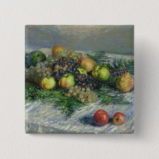 ナシおよびブドウが付いているクロード・モネ|の静物画 缶バッジ (正面)
