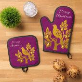 ナシの木に入ったパトリッジのバーガンディのメリークリスマス 鍋つかみ&鍋敷きセット (トップダウン)