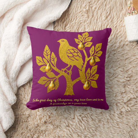 ナシの木に入ったパトリッジのバーガンディ金ゴールドクリスマス クッション (ブランケット)