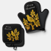 ナシの木に入ったパトリッジ黒いメリークリスマス 鍋つかみ&鍋敷きセット (正面/裏面)