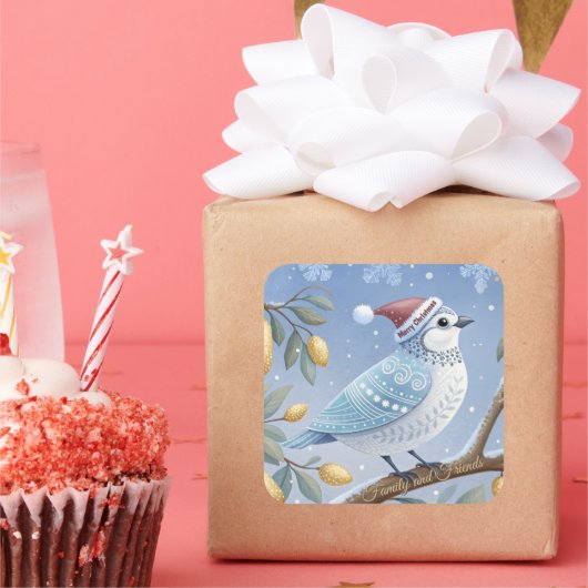 ナシの木のステッカーに入った青と白のパトリッジ スクエアシール (パーティー)