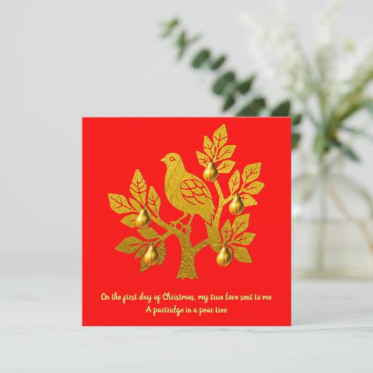 ナシの木の赤い金ゴールドのかわいらしクリスマスのパトリッジ シーズンカード (スタンド正面)