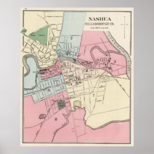ナシュアNH (1877年)のヴィンテージの地図 ポスター
