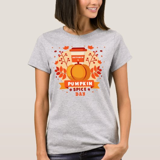 ナショナルカボチャのスパイスデー、コーヒー、紅葉 Tシャツ (正面)