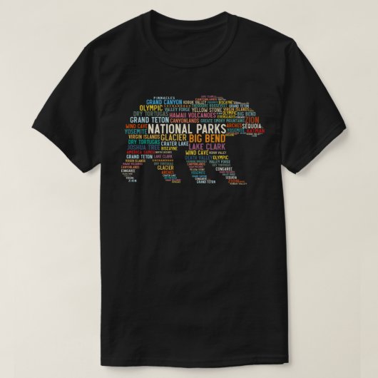 ナショナルパークUSAリストWord Cloud Bear Camping & Tシャツ (デザイン正面)