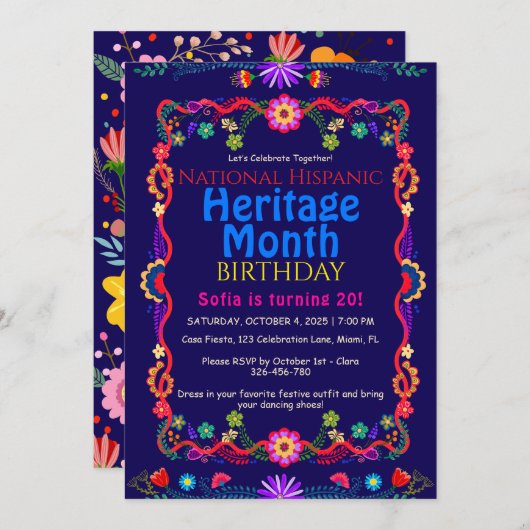 ナショナル・ヒスパニック伝統誕生日カラフルフロル 招待状 (正面/裏面)