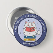 ナショナル・リテラシー読・カ月、猫の青 缶バッジ (正面&裏面)