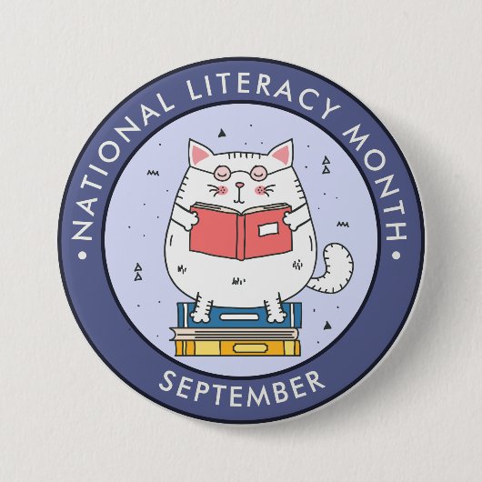 ナショナル・リテラシー読・カ月、猫の青 缶バッジ (正面)