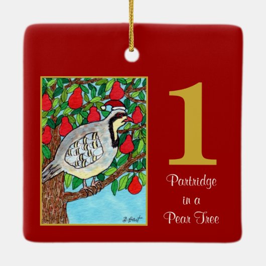 ナシ木のかわいい鳥及びタイポグラフィのヤマウズラ セラミックオーナメント (裏面)