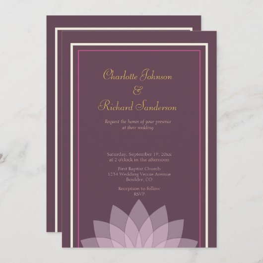 ナスおよび赤面のピンクの花の結婚式 招待状 (正面/裏面)