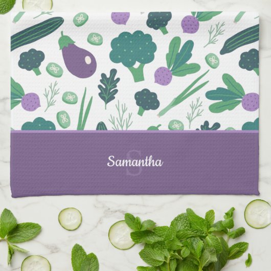 ナスとブロッコリーの模様(名前は紫) キッチンタオル (折り畳み)