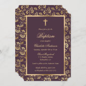 ナスと金ゴールドクロススクリプトフローラバプテスマ 招待状 (正面/裏面)