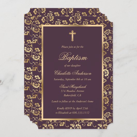 ナスと金ゴールドクロススクリプトフローラバプテスマ 招待状 (正面/裏面)