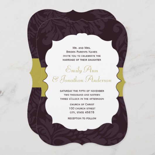 ナスと黄金のチャートルーズダマスクの結婚式 招待状 (正面/裏面)