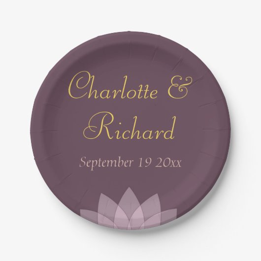 ナスのプラムおよび赤面のピンクの結婚式 ペーパープレート (正面)
